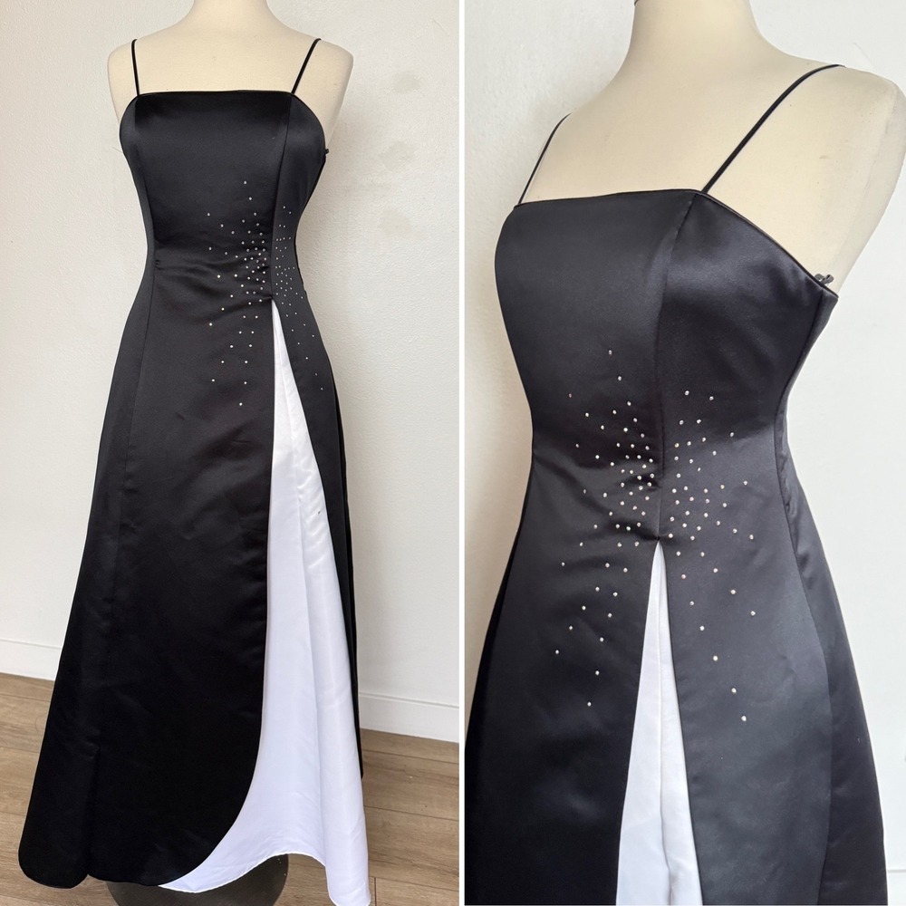 True Vintage Y2K Let's Fashion Rhinestone Satin Prom Maxi Dress Gown